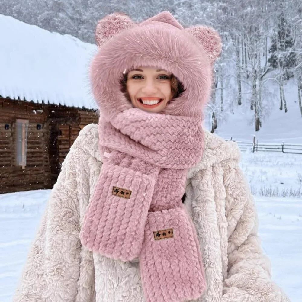 Women's Pink Hooded Scarf Cute Bear Ear Hat Faux Fur Gloves Set Soft